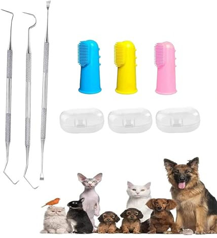 QeeHeng 6 Stück Hundezahnbürsten-Set, 3 Stück Silikon-Hundezahnbürste mit Aufbewahrungsbox und 3 Stück Plaque-Entfernungswerkzeug, Katzenzahnbürste für Hunde Katzen