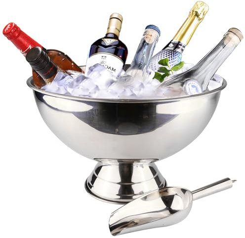 Large Ice Bucket 13L Stainless Steel Champagne Bowl Ice Bucket with Ice Scoop Semicircle Drink Tub with Integrated Base Silver Beverage Tub for Parties, Cocktail Bar, Chilling Wine (1 Pack-Silver)
