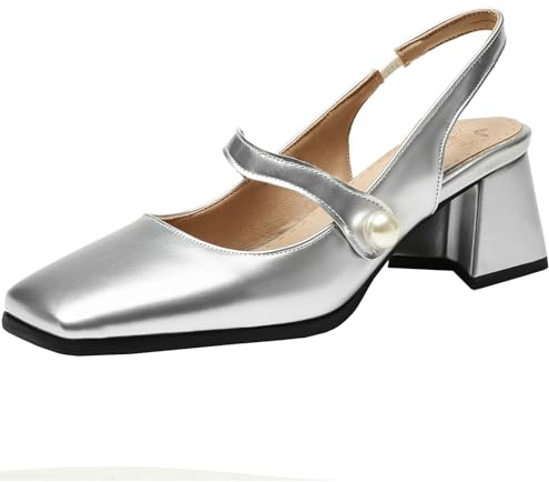 CUTEHEELS Sandali eleganti da donna con tacco grosso e punta quadrata, argento, 41 EU