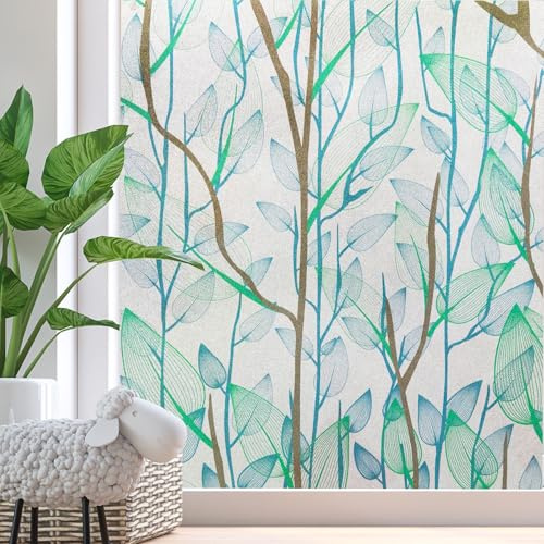 Zindoo Window Film Privacy Film for Glass, Plants Pattern, 90x200cm | No Glue Decorative Glass Sticker, Anti-UV Static Cling Vinyl Coverings Privacy for Home Kitchen Glass Doors