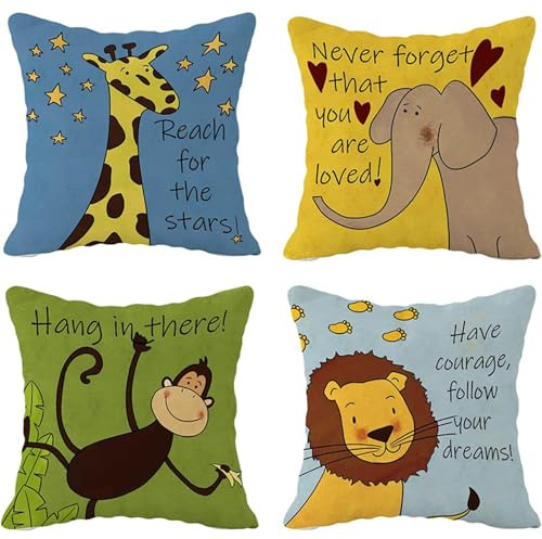 Umimiss Animal Cushion Covers - 4PCS Cushion Covers 45 X 45, Woodland Nursery Decor, Cute Cartoon Elephants Giraffes Lions Monkeys Linen Pillow Covers for Children’s Rooms Sofa Car Cushions Bedroom