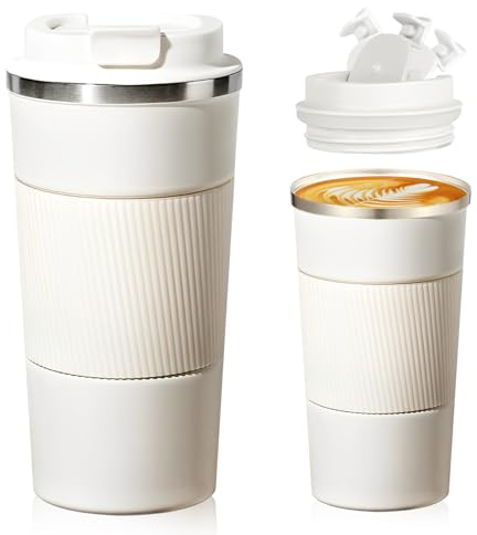 Senshuomy Travel Mug, Insulated Coffee Cup with Leakproof Lid(White/510ml) | Reusable Coffee Cups Travel Cup,Stainless Steel thermaol Mug for Hot Cold Drinks