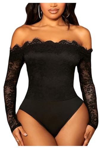 WDIRARA Women's Off Shoulder Floral Lace Bodysuit Mesh Long Sleeve Leotard Top Black X-Large