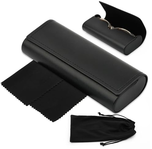 Maxmoc Brillenetui Hardcase,Sonnenbrillen Etui Leder mit Brillenputztuch und Brillentasche,Brillen Etui Damen und Herren Schwarz für Sonnenbrille Lesebrille Sportbrille