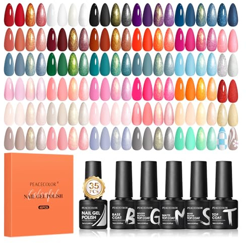 PEACECOLOR 40pcs Smalto Semipermanente Unghie, 35 Colori Smalto Unghie Bianco Rosa Rosso Blu con 5pcs Base e Top Coat Smalti Semipermanenti per Unghie Soak Off UV/LED Smalto Gel Unghie DIY