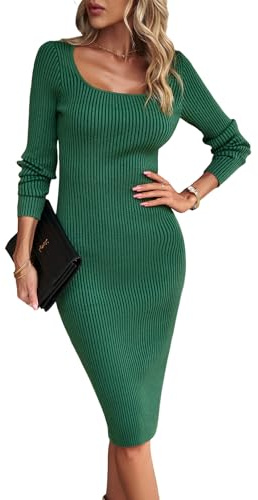 Atxnn Vestido Mujer Cuello Cuadrado Dress Manga Larga Punto Jersey Midi Vestido de Otoño Invierno Corte Ajustado Elegante Casual