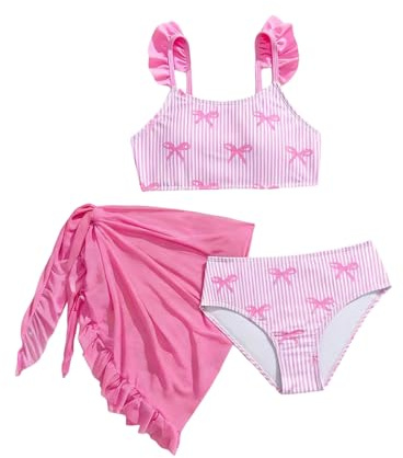 GORGLITTER Girl's 2 Piece Summer Swimwear Striped Bow Print Ruffle Bikini Sets with Cover Up Sarong Swimsuit Aged 8-12 Pink 12 Years