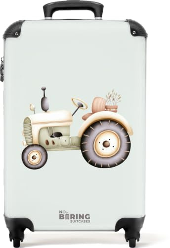 NoBoringSuitcases© Valise Cabine Enfant Trolley Bagage A Main Voyage Legere | 55x35x20 cm - Carry On Luggage Rigide Solide Suitcase 4 Roues Tracteur - Vintage - Beige - Vert - Pastel