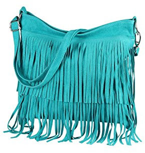 OBC Made IN Italy Damen Leder Tasche Wildleder Fransen Schultertasche Umhängetasche Crossbody Henkeltasche Crossover (Türkis)