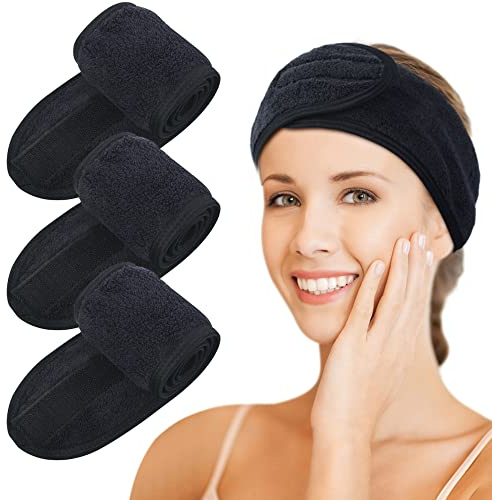 KinHwa 3 Pack Spa Facial Headband Makeup Hair Band Women Skincare Adjustable Microfibre Headband for Washing Face Sports Yoga Black