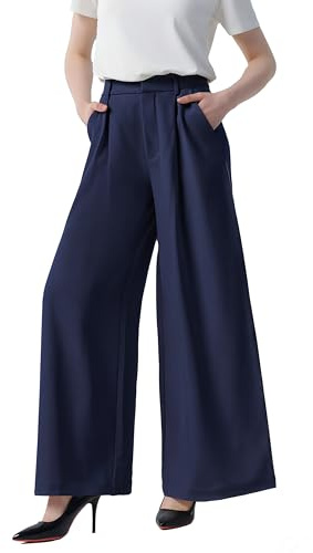 Tronjori Femme Taille Haute Pantalons Casual Jambes Larges Plissé Devant Vintage Pantalon avec Poches pour Les Loisirs, Le Travail and Le Bureau(XXL,Bleu Marine)
