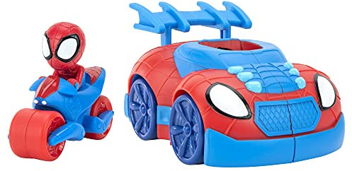Spidey und seine Super-Freunde - SNF0019 Web Strike 2 in 1 Fahrzeug, 15cm großes Spider-Man Fahrzeug mit Motorrad, Spielzeug ab 3 Jahren