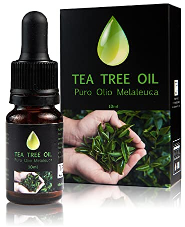 TRE PURI® Tea Tree Oil Puro Vegano Made in Italy – Olio Essenziale Biologico per Viso Corpo Unghie e Aromaterapia, Anti Acne Brufoli – Olio di Melaleuca di Qualità Farmaceutica, 10 ML