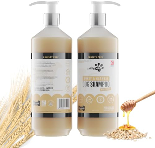 Oatmeal Dog Shampoo PRITTY PETS 1 LITRE Oatmeal Shampoo for Dogs - Professional PH Balanced, Cruelty Free, Silicone & Paraban Free, Puppy Friendly Dog Grooming Shampoo - Made in the UK (1L with Pump)