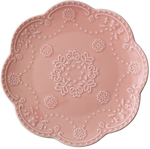 Eplze Ceramic Plate, Round Embossed Lace Plate (Pink, 8-inch)