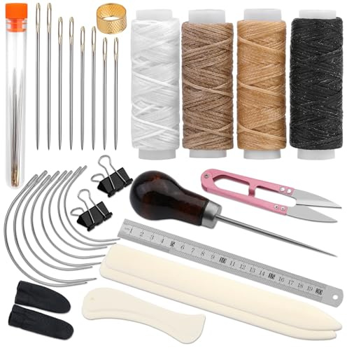 33 Pcs Bookbinding Kits 4 Pcs Bone Folder Paper Creaser Paper Folding Tool Book Binding Supplies with Bookbinding Needle, Waxed Thread, Steel Ruler, Awl for Bookbinding, Paper Card Crafts
