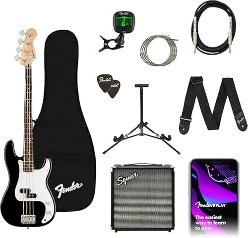 Squier by Fender Affinity Series Precision, Elektrische Bassgitarre, Set mit einer Bassgitarre mit Ahorn-Griffbrett, Schwarz, einer Gitarrentasche und einem 15W Bassverstärker