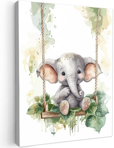 MuchoWow© Leinwand 60x80 cm Deko Schlafzimmer Aesthetic Leinwandbilder Wohnzimmer Gemälde Foto Geschenk Living Room Decoration Elefant - Tier - Kinder - Dschungel - Kinderzimmer - Babyzimmer