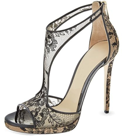WOkismD Escarpins à Talons Aiguilles en Dentelle brodée pour Femmes, Chaussures à Plateforme, Bride en T, Bout Ouvert, Fermeture éclair au Dos, Sandales à Talons en Maille, Chaussures de,Noir,42