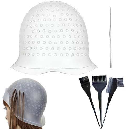 Lot de 5 bonnets à mèches avec 3 pinceaux, pour faire soi-même des mèches, des mèches, des mèches et des cheveux, en silicone, pour salons de coiffure et familles