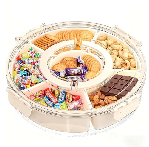 SAMKING Snackbox mit 6 Fächern, Drehbare Snackteller mit Deckel und Griff, Organizer für Gewürze, Süßigkeiten, Früchte, Nüsse