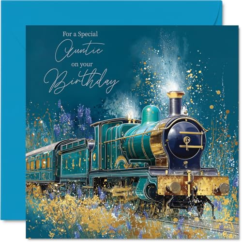 Stuff4 Carte d'anniversaire dorée pour tante – Train doré – Carte d'anniversaire pour tante de la part du neveu et de la nièce, 14 cm Golden Train Cartes de vœux d'anniversaire