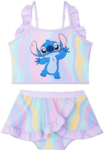 Disney Stitch Bikini Niña 5-14 Años, Conjunto Niña 2 Piezas con Falda, Tirantes Ajustables Top Niña y Braguita Bikini, Ropa de Baño para Niños (7-8 Años, Multi Stitch)