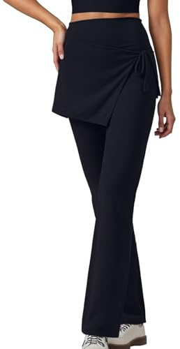 Pantalon de yoga pour femme avec jupe portefeuille intégrée - Pantalon 2 en 1 avec évasé pour le sport et les loisirs - Legging bootcut avec jupe asymétrique