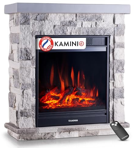 KAMINIO Cheminée électrique Juan - Cheminée sur Pied Aspect Pierre avec Fonction Chauffage, Effet Flammes 3D, télécommande (Gris)
