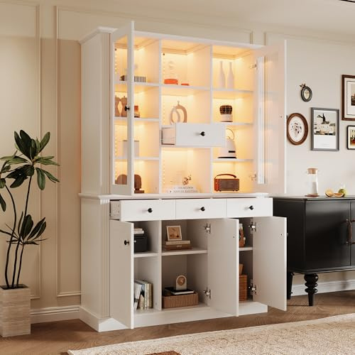 Ligterra 119,5 x 40 x 180 cm, vitrina con iluminación LED, armario de salón de 120 cm de ancho, vitrina de cristal con 4 cajones y 5 puertas, estantería con 21 estantes (blanco)