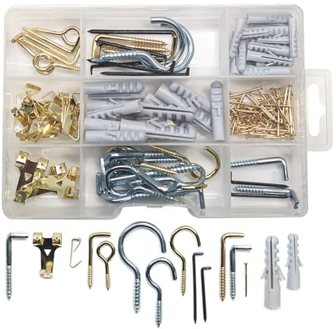 com-four® set da 198 pezzi con ganci tasselli chiodi occhielli e ganci angolari, kit per appendere quadri per casa laboratorio e fai da te in pratica scatola