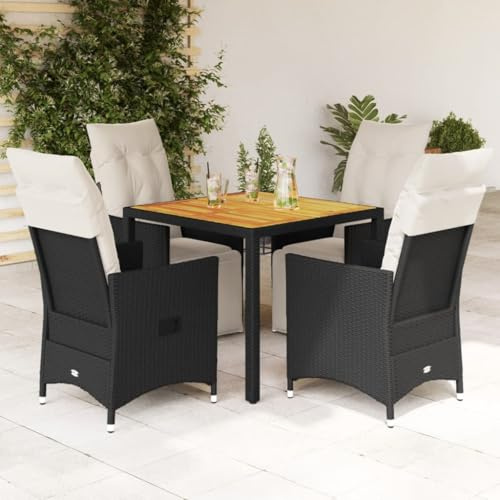 Owoxanthellate Salon de jardin 5 pièces - En polyrotin - Noir - Table en bois d'acacia - 90 x 90 cm - Fauteuil relaxant réglable - Résistant aux intempéries - Pour terrasse, balcon ou jardin