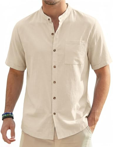 Xnova Camisa de Lino Hombre Manga Corta Verano, Camisas de Algodón y Lino Hombre Regular con Bolsillo Informal Cuello Mao Camisas con Botones para Playa Vacaciones y Trabajo