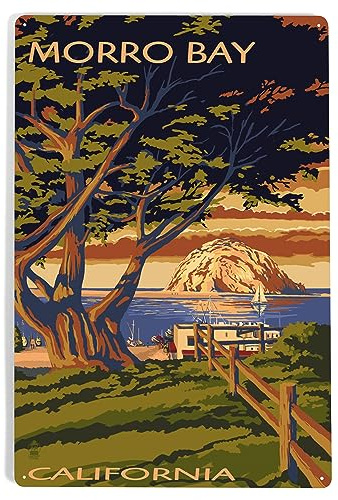 Lantern Press 12x18 Inch Metal Sign, Morro Bay, California, Town View with Morro Rock
