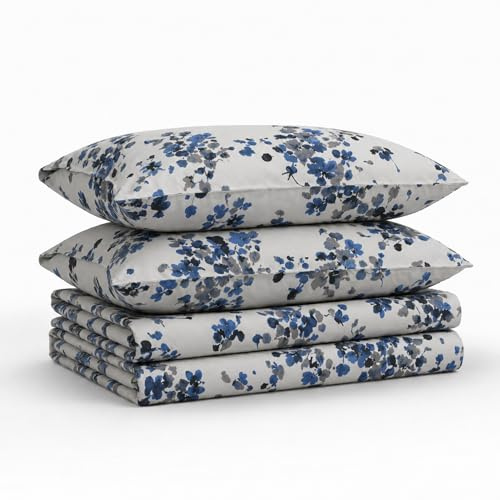 Tribeca Living Set di lenzuola per letto king size, in morbido rasatello di cotone a 300 fili, stampa floreale con tasche extra profonde, set di biancheria da letto da 4 pezzi, blu Lisbona/multicolore