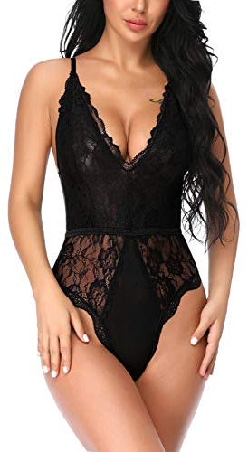 EVELIFE Body Femme Sexy Col V Teddy Lingerie Dentelle Entrejambe Dos Nu Sous-Vêtements de Nuit Transparent La Saint-Valentin(Noir L)