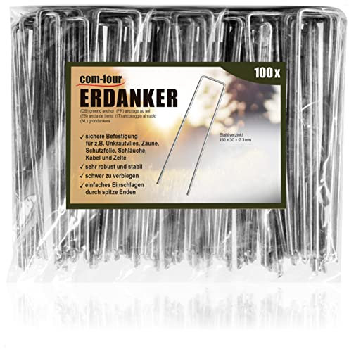 com-four® 100x Erdanker 150x30x3mm aus beschichtetem Stahl - robuste Erdnägel zur Befestigung von Unkrautvlies und Folien - Bodenanker für Garten und Camping - eckig (100 Stück - 150x30x3mm)
