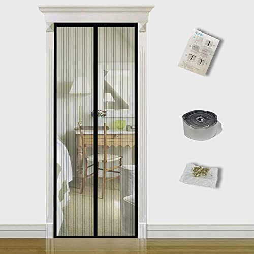 TQFlow Magnetic Screen Door, 110x210cm Fly Screens for Doors, Anti Mosquito Heavy Duty Bug Mesh Curtain, Snap Shut Automatically Insect Door Screen with Full Frame Magic Tape&Powerful Magnets, Black