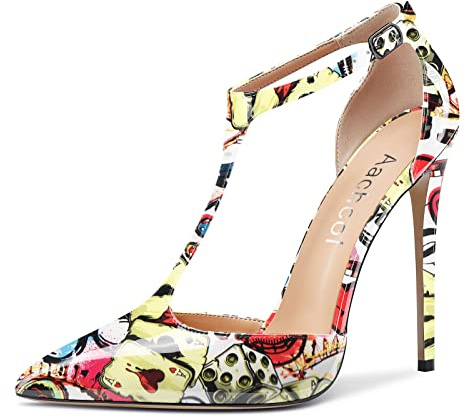 Aachcol Donna T-strap Sandali Alto High Spillo Tacco Heel a Punta Mary Jane Cinturino alla Caviglia Pumps Clear Dress Scarpe 12 CM Multicolore G1 Verniciata 42 EU