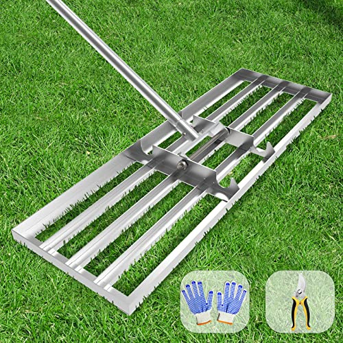 Dremmt Lawn Leveling Rake 30x10 inch, (Professional-Grade) Lawn Leveler Tool with Stainless Steel Handle Rakes for Lawns Heavy Duty Landscape Rake for Backyard, Garden, Golf Course, Farm, Pasture
