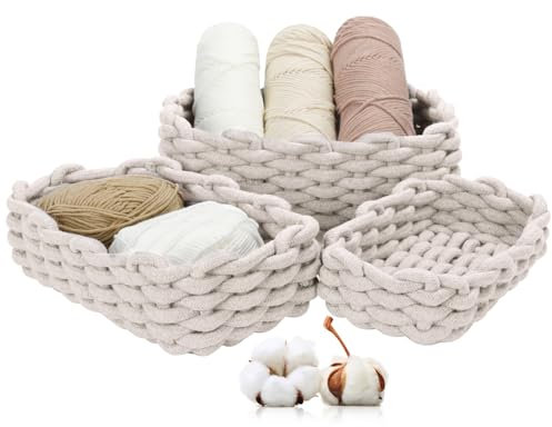 Cinnani Set di 3 Cestini Portaoggetti Intrecciato in Corda di Cotone,Impilabile Organizer Fasciatoio,Cesto portaoggetti in corda di cotone per Camerette Soggiorno Camera Da,Bianco