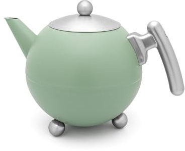 Bredemeijer große grüne bauchige doppelwandige Edelstahl Teekanne 1.2 Liter - isolierende Kanne für Tee - längerer warmer Teegenuss