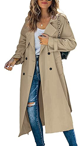 SANSIWU Women's Classic Lapel Slim Overcoat Waterproof Long Windbreaker Slim Fit Trench Coat Long Jacket Outerwear with Belt Button (A-Khaki1, M)