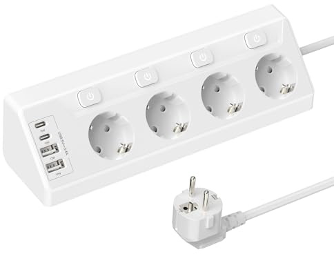 PABANCE Ecksteckdose mit USB 4-Fach Steckdosenleiste - einzeln schaltbar, 2×USB-C + 2×USB-A, 16A 3680W Überspannungsschutz, Wandmontage 90° Ecken-Design, 2M Kupferkabel, weiß
