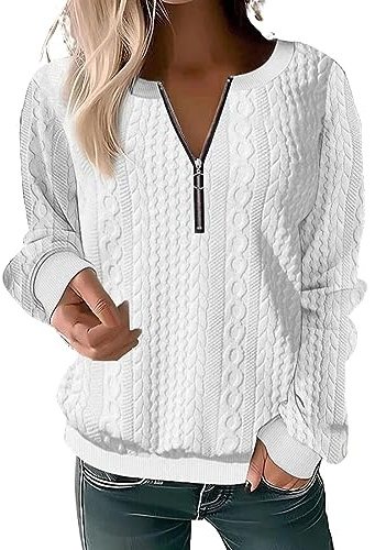 Dinglong Pull Femme Chic et Original Sweat-Shirt à Manches Longues pour Femme, avec Demi-Fermeture éclair, Couleur Unie, sans Capuche, Mode Automne et Hiver Pull Femme Chic et Original