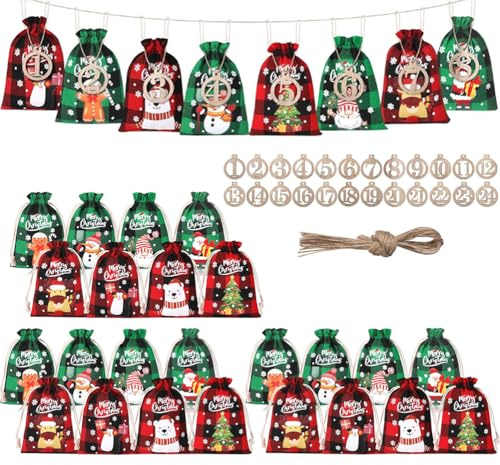 AstarFavor 24 pièces Sacs de Noël avec 24 Etiquettes en Bois, Sacs en Jute avec Cordons, pour Calendrier de l'Avent de Noël, Bonbons