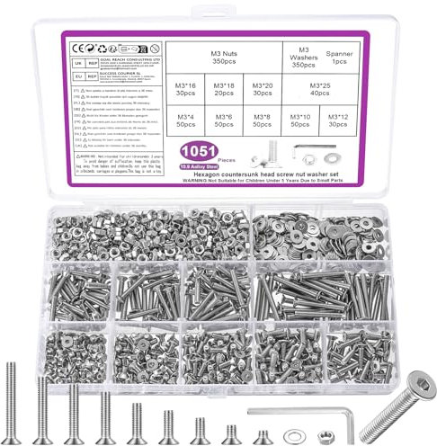 Lot de 521 vis M4 à tête fraisée M4 à tête fraisée à tête plate à six pans creux - Vis de machine avec écrous, vis filetées et écrous avec rondelles