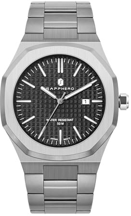 SAPPHERO Herren-Armbanduhr, achteckig, Edelstahl, 30 m, wasserdicht, leuchtend, luxuriös, analog, Quarzuhr für Herren, mit Datum, elegante Herrenuhr