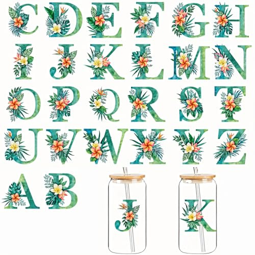 26 Green Turtle Leaf Letters Floral UV DTF Cup Wraps Transfer Waterproof Sticker for Glass Cups Furniture Craft DIY Crafts,Rub on Transfer Stickers for DIY Water Bottle Laptop Decal Wood Car