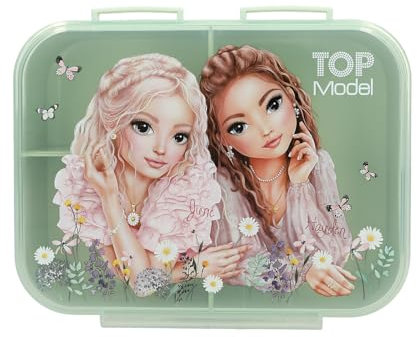 Depesche 13410 TOPModel Summer Feeling - Boîte à goûter en Vert et Rose, avec Motif de modèle et de Fleurs, boîte à déjeuner avec 3 Compartiments et Couvercle à charnière